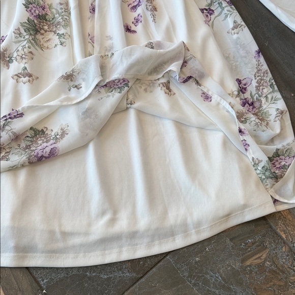 Torrid ivory and purple floral smocked chiffon off-the-shoulder dress - Picture 7 of 15